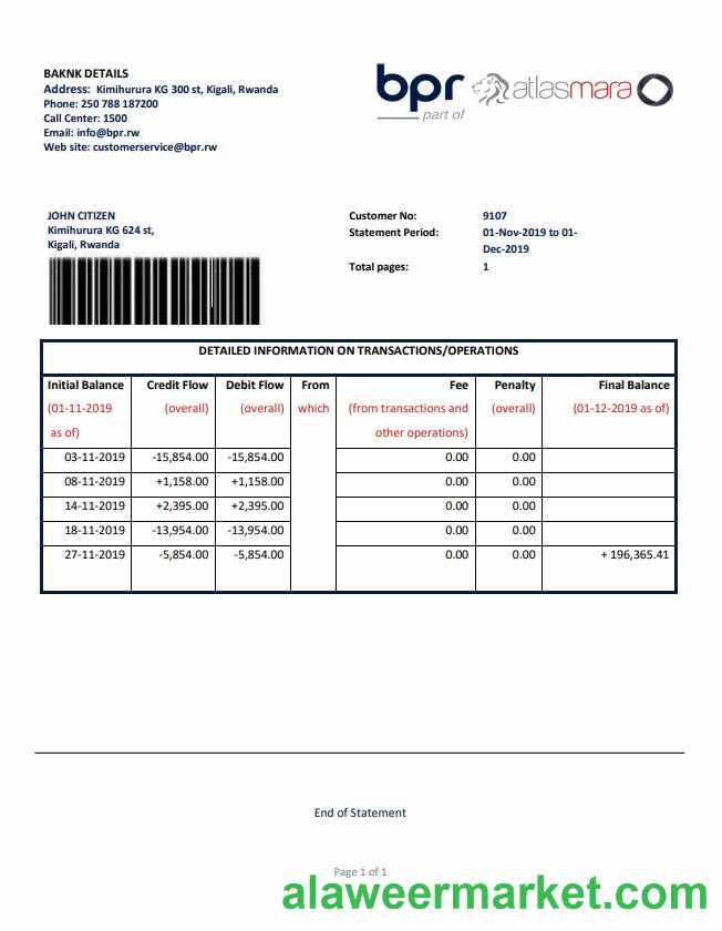Rwanda BPR bank statement template in Word and PDF format